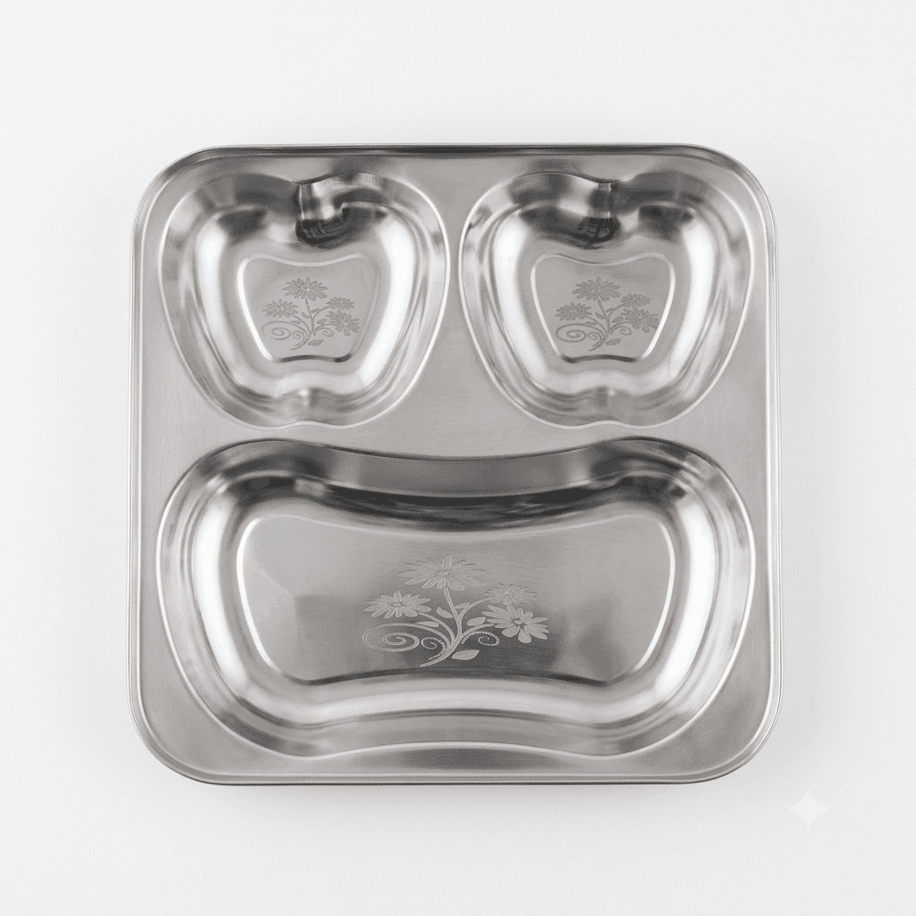 3in1 Apple Bhojan Thaal / Compartment Plates 110gram 9x9" inches Mirror Polish & Lazer