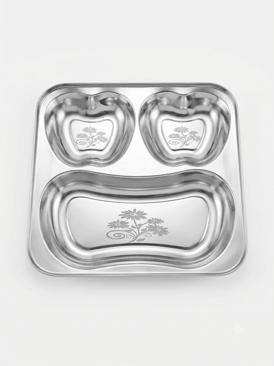 3in1 Apple Bhojan Thaal / Compartment Plates 110gram 9x9" inches Mirror Polish & Lazer view 3