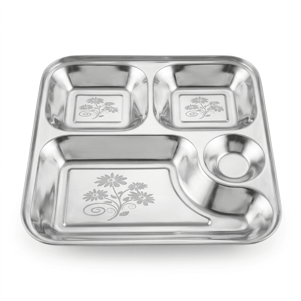 4in1 Bhojan Thaal / Compartment Plates 110gram 9x9"inches Mirror Polish & Lazer