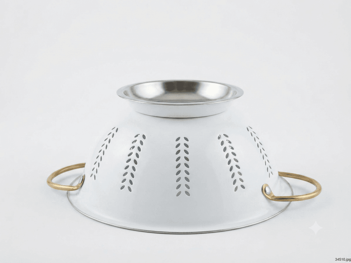 Powder Coated Extra High Quality Mirror Polish Stainless Steel leaf design Colander 16" inches 570gram view 3