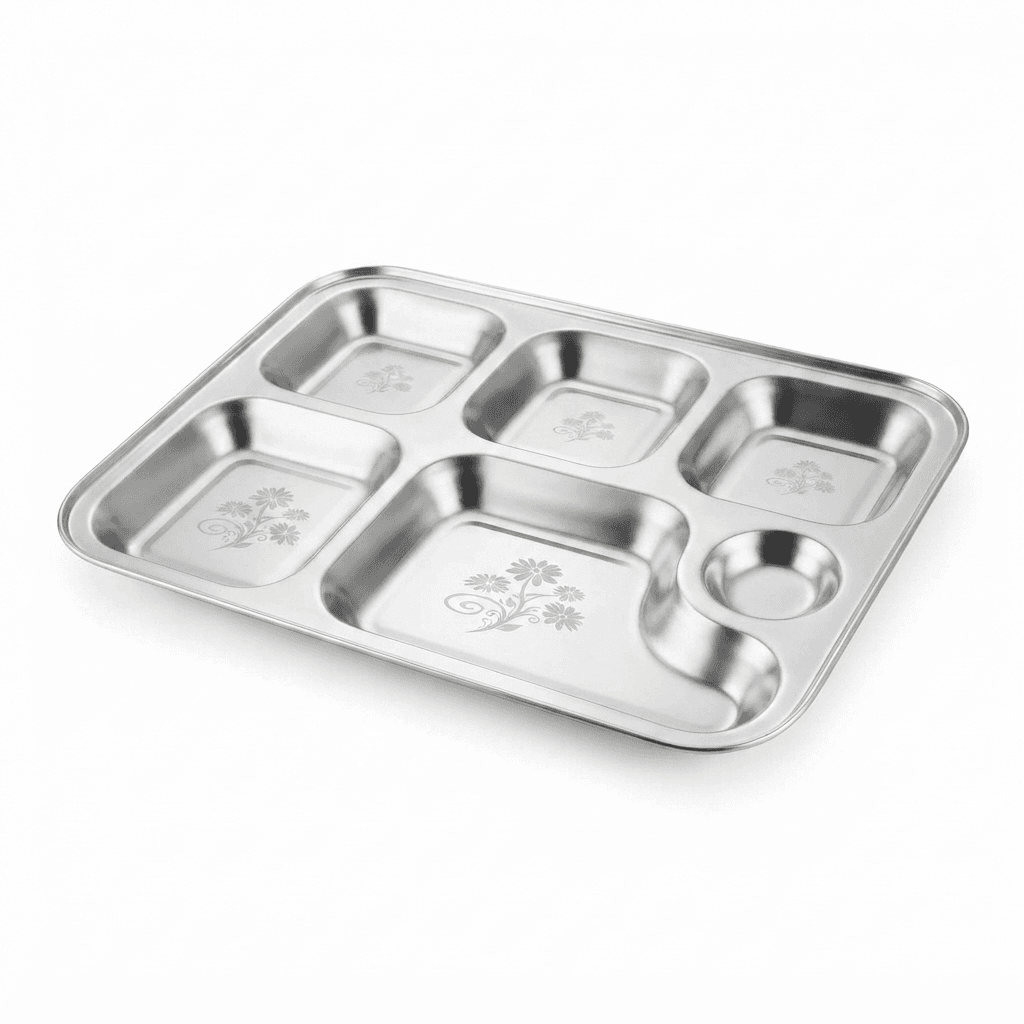 Stainless Steel 14x10" inches 6in1 Bhojan Thaal / Compartment Plate 200gram Lazer view 2