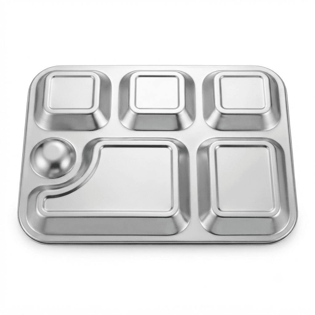 Stainless Steel 14x10" inches 6in1 Bhojan Thaal / Compartment Plate 200gram Lazer view 3