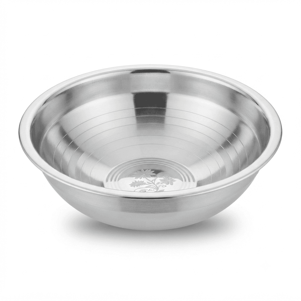 Stainless Steel 15" inches 195gram Daliya / Dalaiya / Mixing Bowl Mirror Polish+ Lazer + Silver Touch view 3