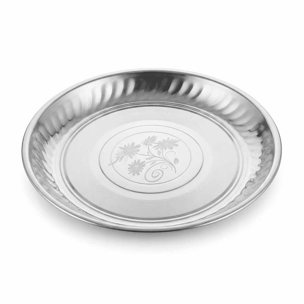Stainless Steel 14" inches 160-65gram Heena Rice Plate / Dinner Plate Medium Mirror Polish and Lazer + Silver Touch