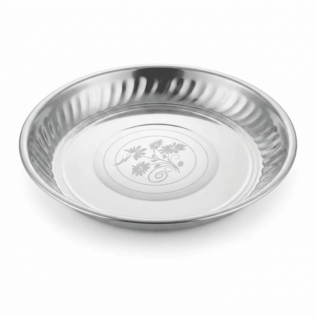 Stainless Steel 14" inches 160-65gram Heena Rice Plate / Dinner Plate Medium Mirror Polish and Lazer + Silver Touch view 3