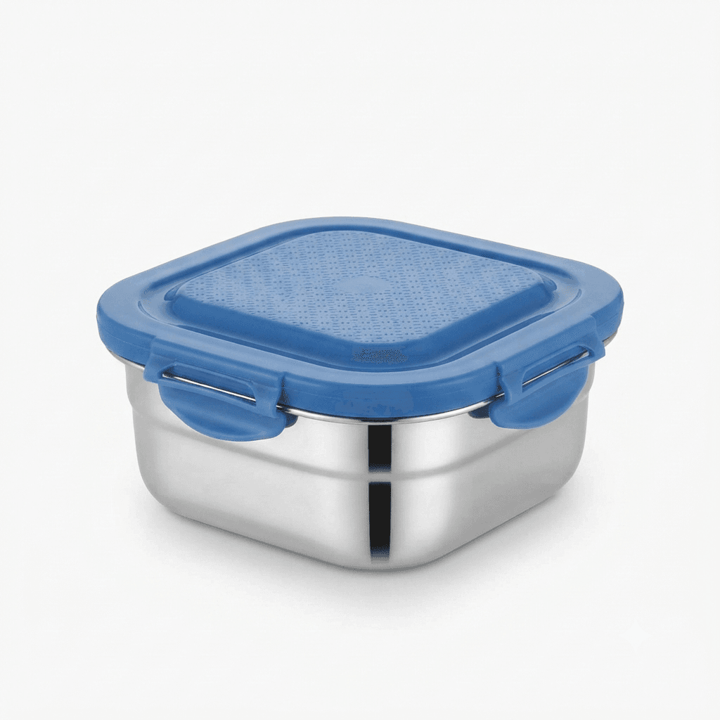 600ml Square Stainless Steel 4 Lock and Seal Air tight Lunchbox 140grams