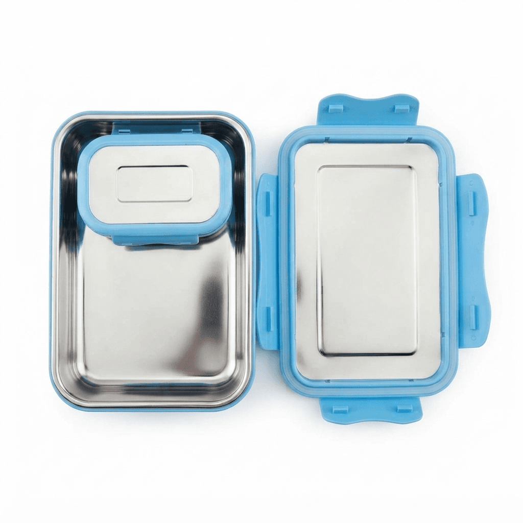 Rectangular School Lunch Box 1000ml 475gram Stainless Steel High Quality with Small Curry Compartment and single piece box packing view 2
